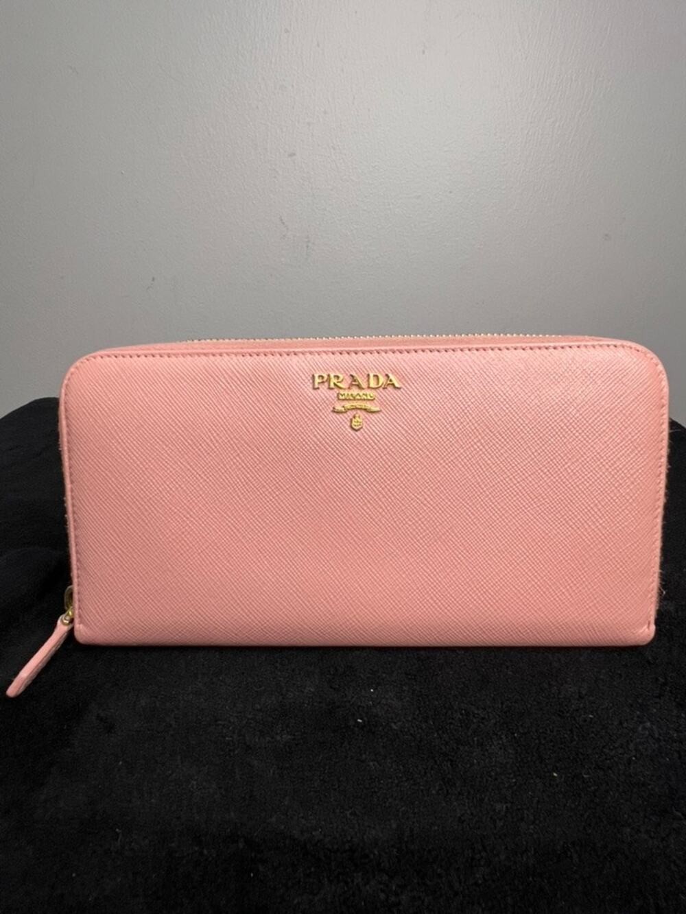 Prada Pink Saffiano Leather Zip Around Wallet Gold Logo Italy